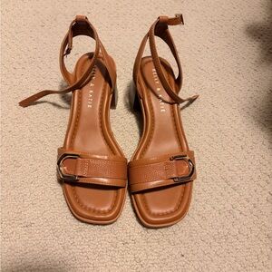 Kelly & Katie Tan Leather Ankle-Strap Block Heel Sandals